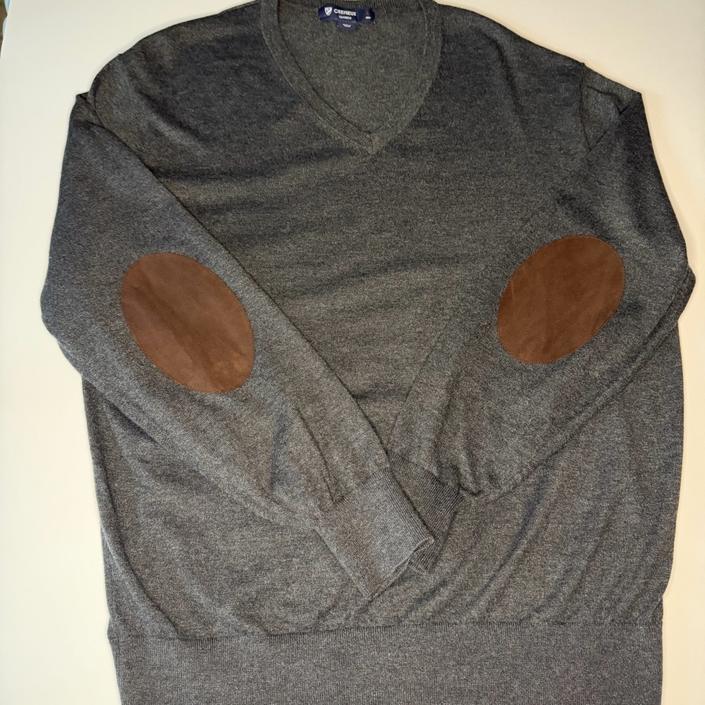 Cremieux Mens L preppy cotton silk Gray lightweight Sweater Brown Elbow Patches